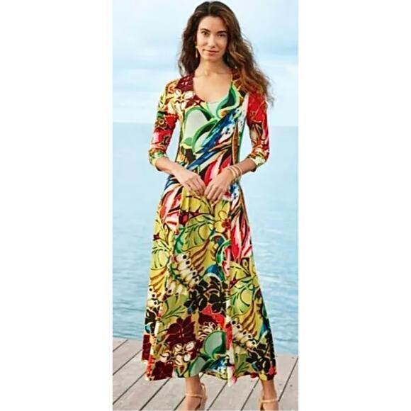 Soft Surroundings Women's Multi Stretch Knit Tropical Magnolia Midi Dress | L - Picture 9 of 9
